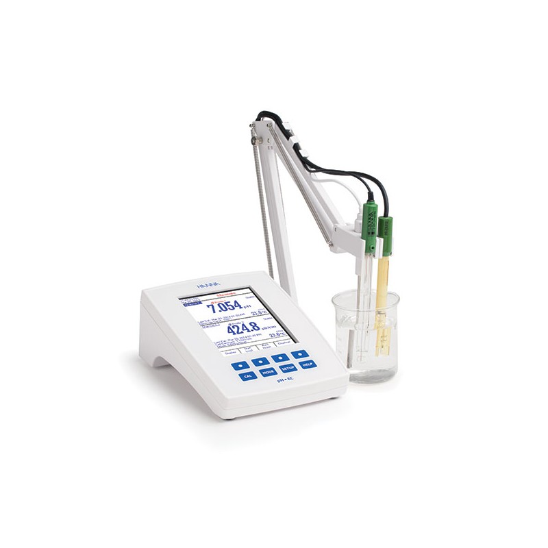 Professional benchtop pH/EC meter with 5.5” color LCD and capacitive touch keypad. Fully customizable, auto-logging, real-time graphic, auto-end point mode, CAL Check™, USP, USB, 230V
